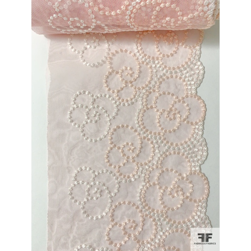Playful Floral Swirl Embroidered Tulle Trim – Pink / Peach / Off-White Fabric by the Yard