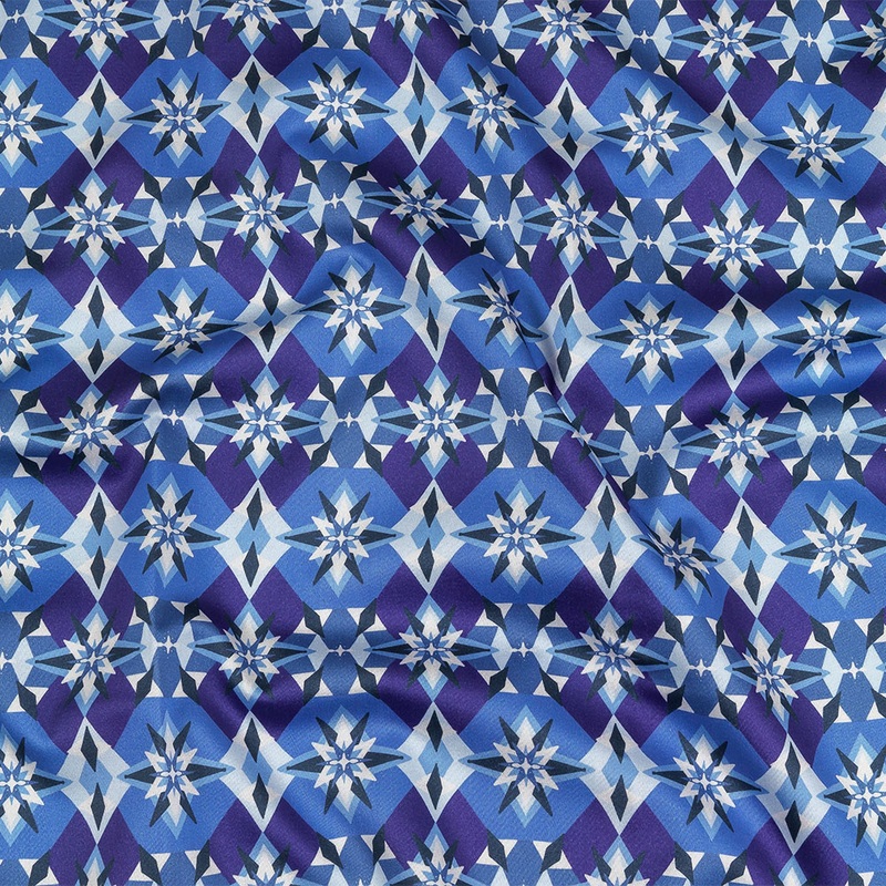 Stretch Cotton Sateen – Blue and Purple Geometric – Crystalline Culture Print – Mood Exclusive Indigo Collection