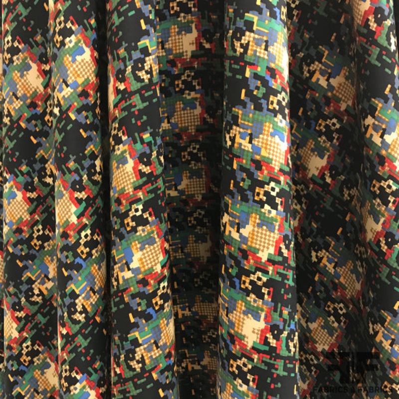Abstract Houndstooth Printed on Silk Charmeuse – Red/Green/Blue/Black Fabric by the Yard