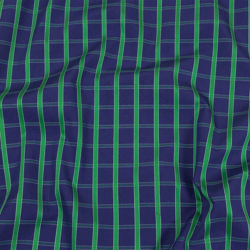 Blueprint and Green Plaid Cotton Shirting with Satin-Faced Stripes