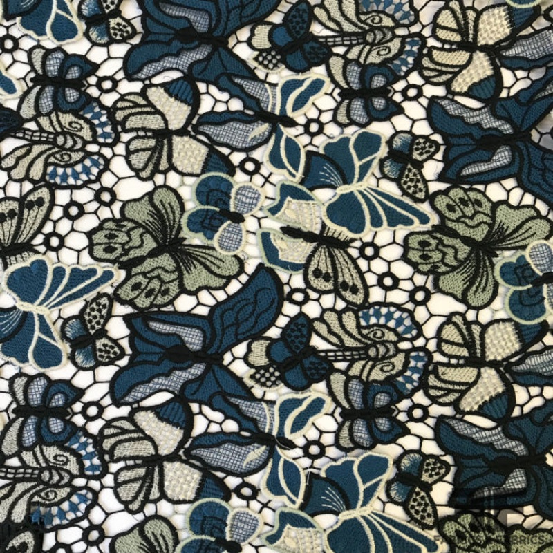 Butterfly Guipure Lace – Black/Blue/White Fabric by the Yard
