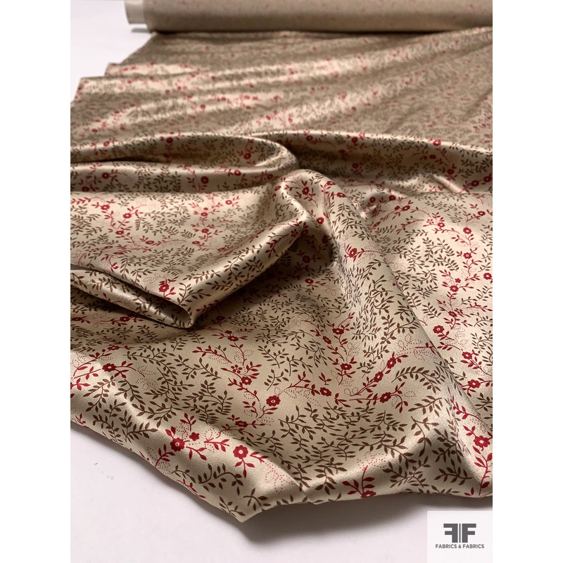 Ditsy Floral Stems Printed Silk Charmeuse – Khaki / Brown / Deep Red Fabric by the Yard