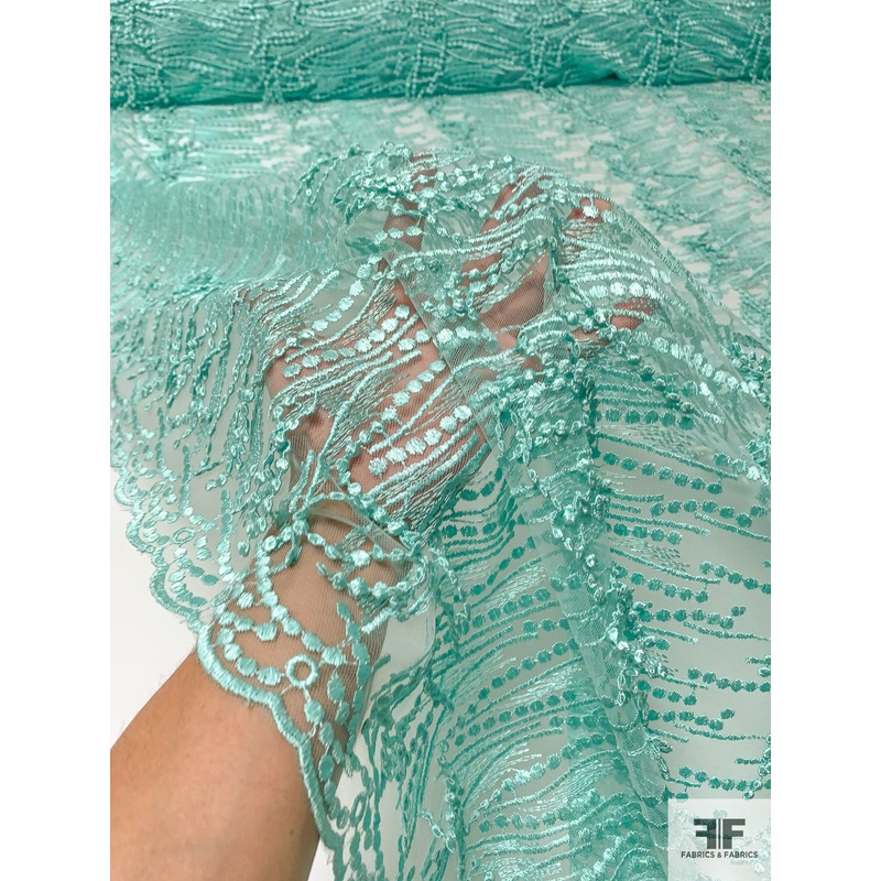Double-Scalloped Dangle Dot Embroidered Tulle – Seafoam Fabric by the Yard