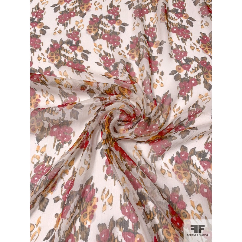 Floral Printed Crinkled Silk Chiffon – Cherry Red / Marigold / Brown / Off-White Fabric by the Yard
