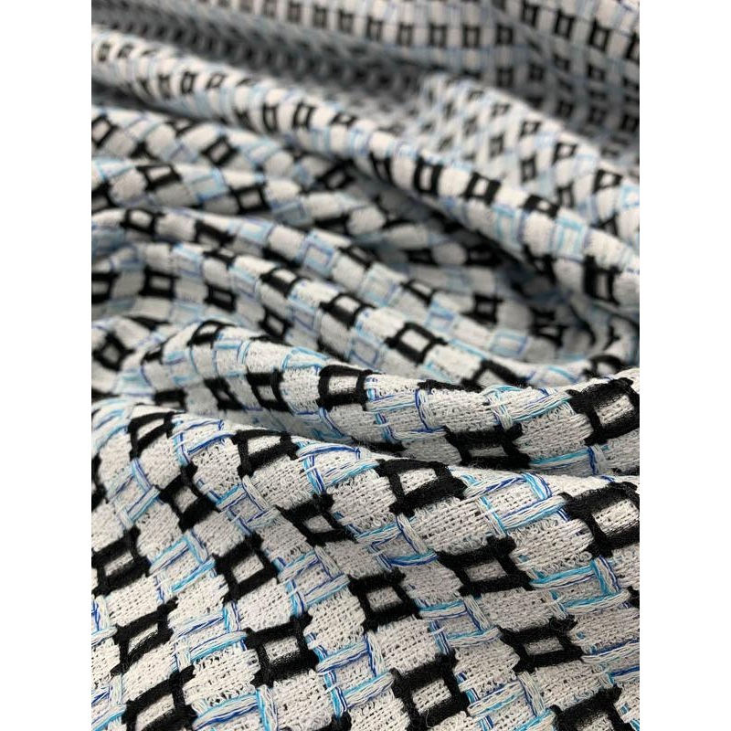 Geometric Weave Tweed – White / Black / Blue Fabric by the Yard