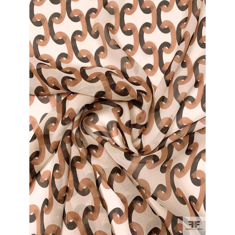Graphic Printed Silk Chiffon – Beige / Brown / Dust Redwood Fabric by the Yard