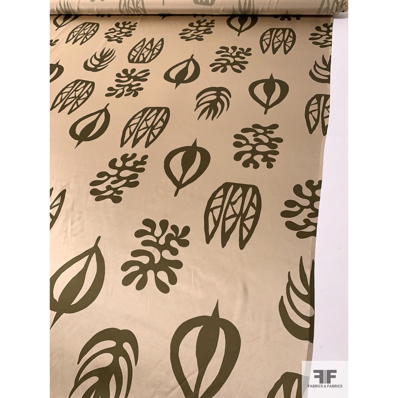 Hieroglyphic Leaf Printed Silk Charmeuse – Beige / Khaki Olive Fabric by the Yard