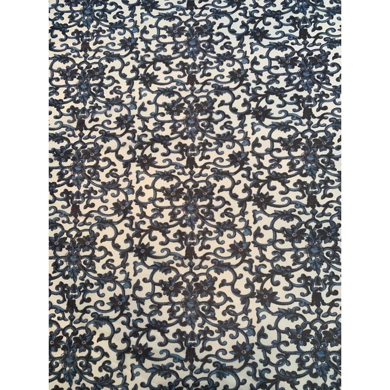 Intricate Floral Printed Stretch Tulle – Blue / White Fabric by the Yard