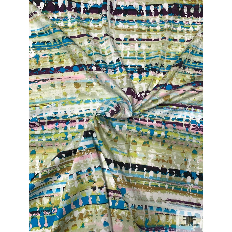 Italian Abstract Painterly Printed Fine Cotton Sateen – Lime / Dark Turquoise / White / Purple Fabric by the Yard