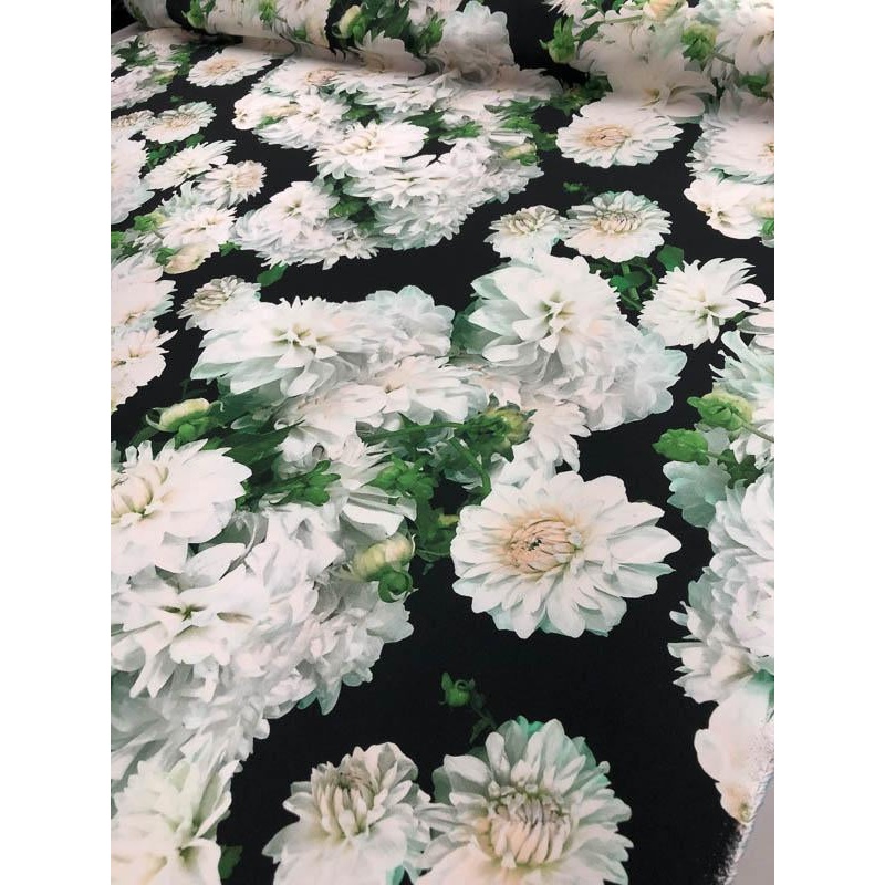 Italian Floral Blooms Printed Polyester – White / Black / Green Fabric by the Yard