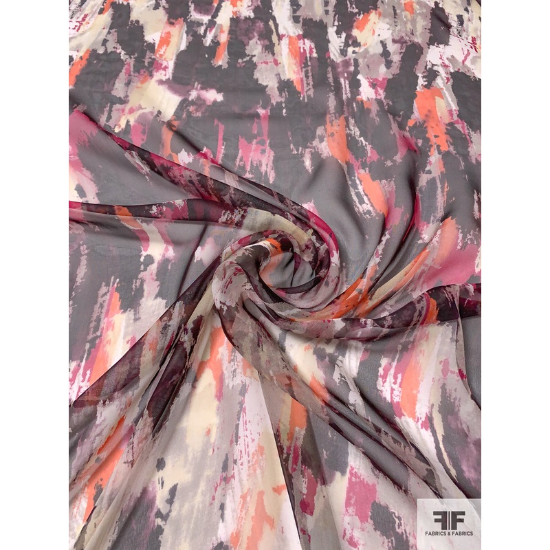 Italian Painterly Printed Fine Silk Chiffon – Purple / Magenta / Orange / Black / Cream Fabric by the Yard