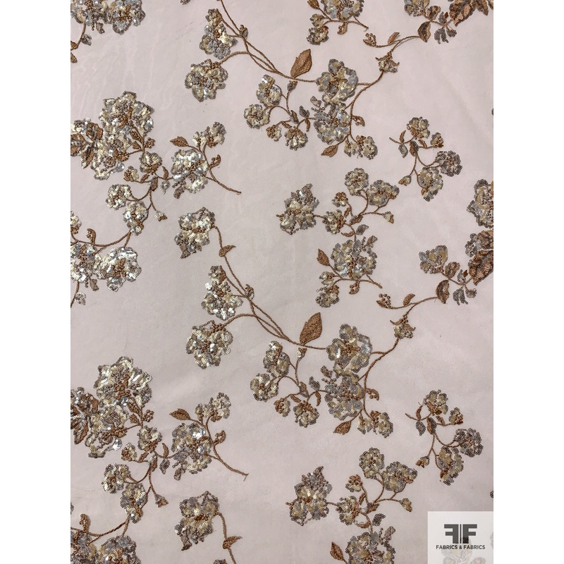 J Mendel Floral Pattern Fine Embroidered Tulle with Sequins – Light Taupe / Browns Fabric by the Yard