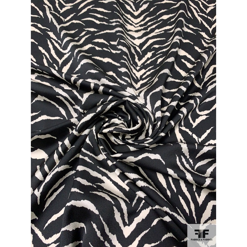 Tiger Printed Hammered Polyester Charmeuse – Black / Ivory Fabric by the Yard