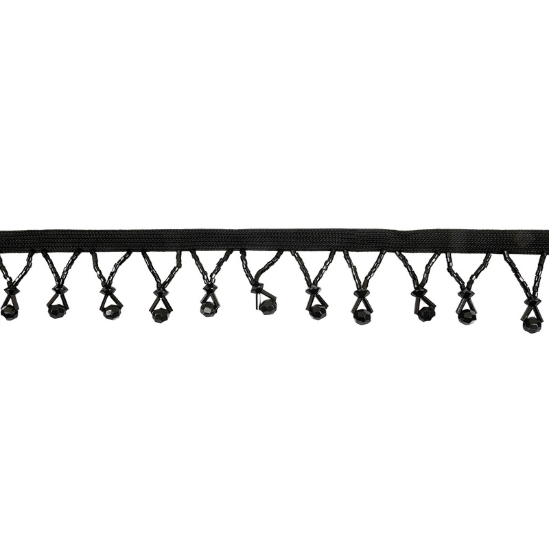Vintage Black Faceted Round and Seed Beaded Fringe Trim – 1.375″