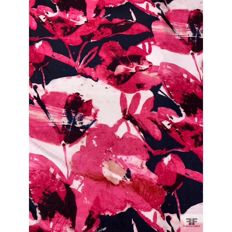Abstract Painterly Floral Printed Silk Habotai – Deep Pink / Navy / Off-White Fabric by the Yard