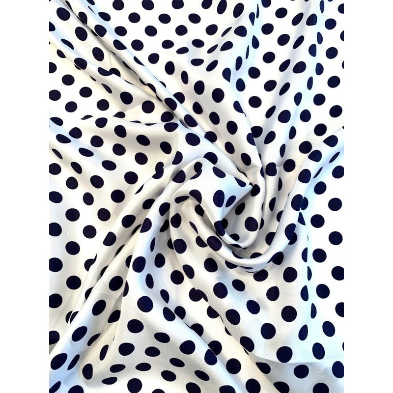 Classic Polka Dot Printed Fine Silk Twill – White / Navy Fabric by the Yard