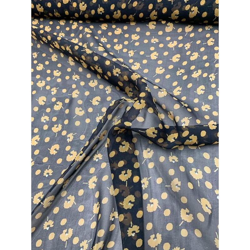 Graphic Floral Polka Dot Printed Silk Chiffon – Black / Yellow Fabric by the Yard