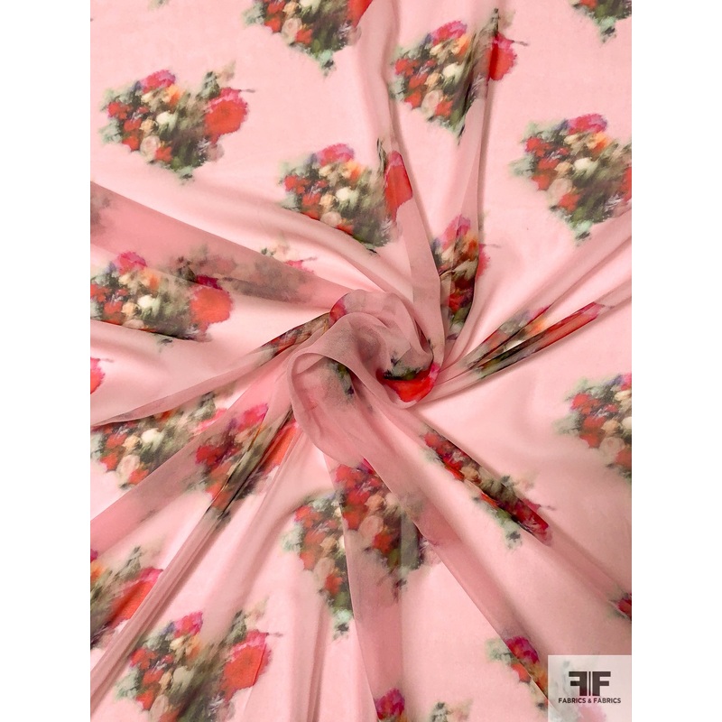 Hazy Floral Bouquets Printed Silk Chiffon – Gentle Pink / Multicolor Fabric by the Yard