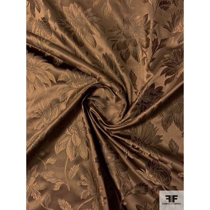 Italian Floral Silk Satin Jacquard – Brown Fabric by the Yard