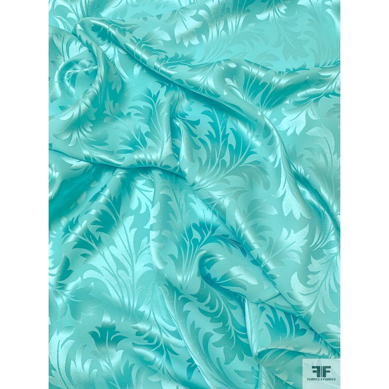 Leaf Motif Jacquard Silk Charmeuse – Aqua Fabric by the Yard