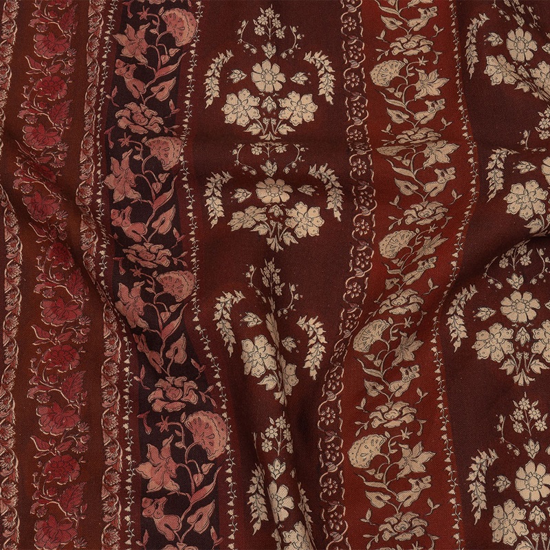 Linen and Rayon Woven – Burgundy Floral Stripes – Garden Paths Print – Mood Exclusive Rockland Collection
