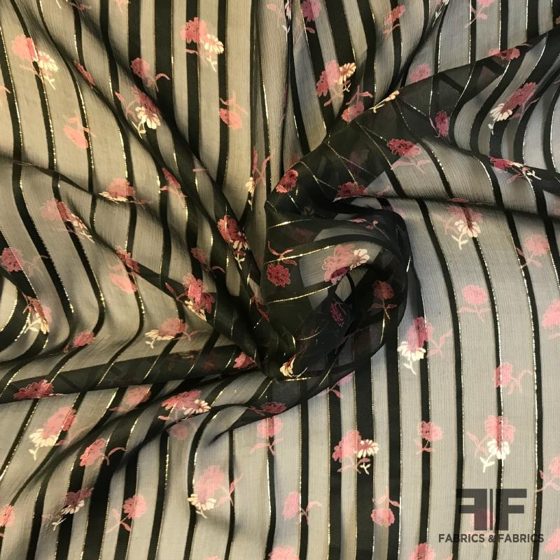 Metallic Floral and Striped Burnout Silk Chiffon – Black/Maroon Fabric by the Yard