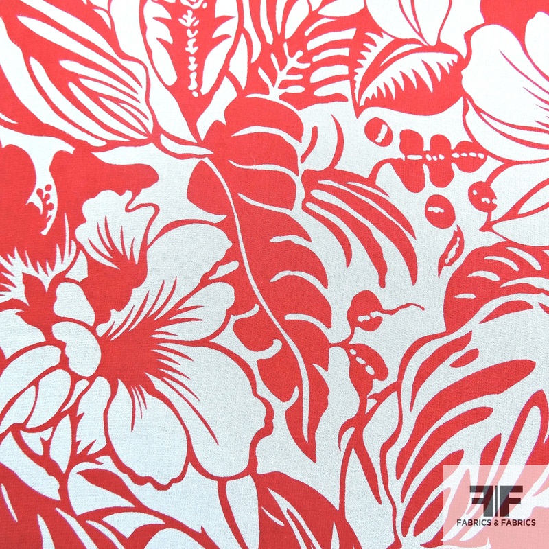 Tropical Floral Printed Silk Chiffon – Red/White Fabric by the Yard
