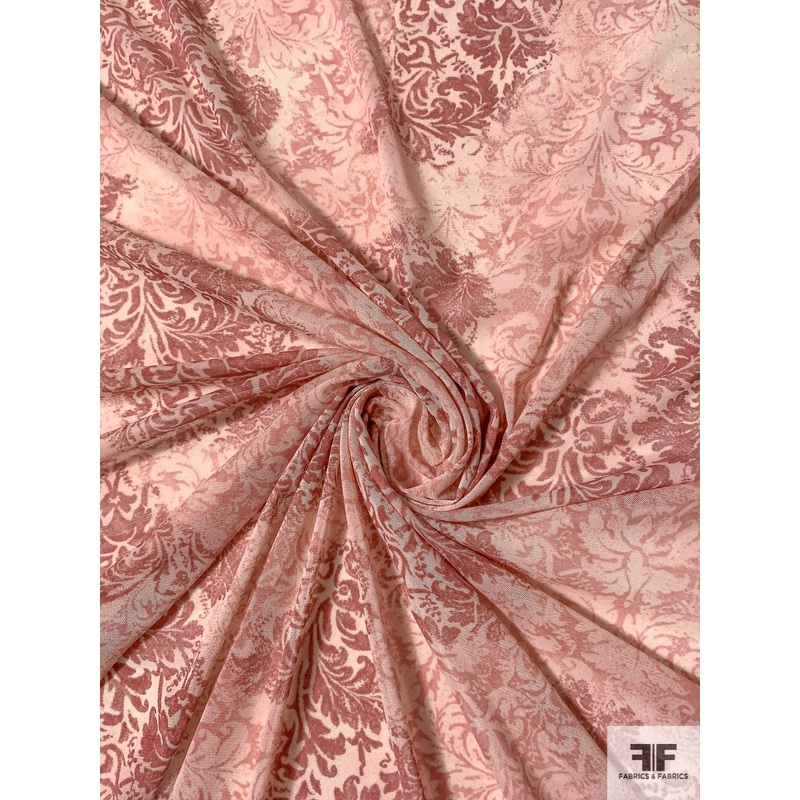 Two-Tone Damask Printed Stretch Tulle – Mauve / Dusty Rose / Off-White Fabric by the Yard