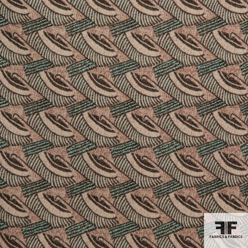 Abstract Geometric Wool Crepe – Green/Maroon/Cream Fabric by the Yard