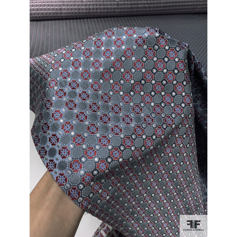 Circle Link Grid Silk Necktie Jacquard Brocade – Red / Blue / White Fabric by the Yard