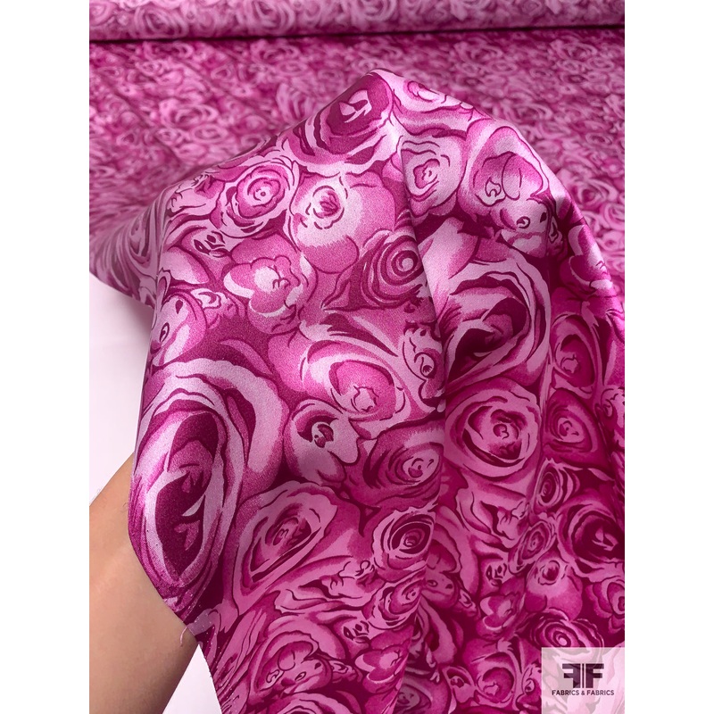 Field of Rosettes Printed Silk Charmeuse – Warm Purple / Light Pink Fabric by the Yard