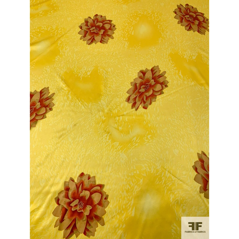 Floral and Animal Pattern Printed Silk Charmeuse – Yellow / Burnt Orange / Khaki-Olive Fabric by the Yard