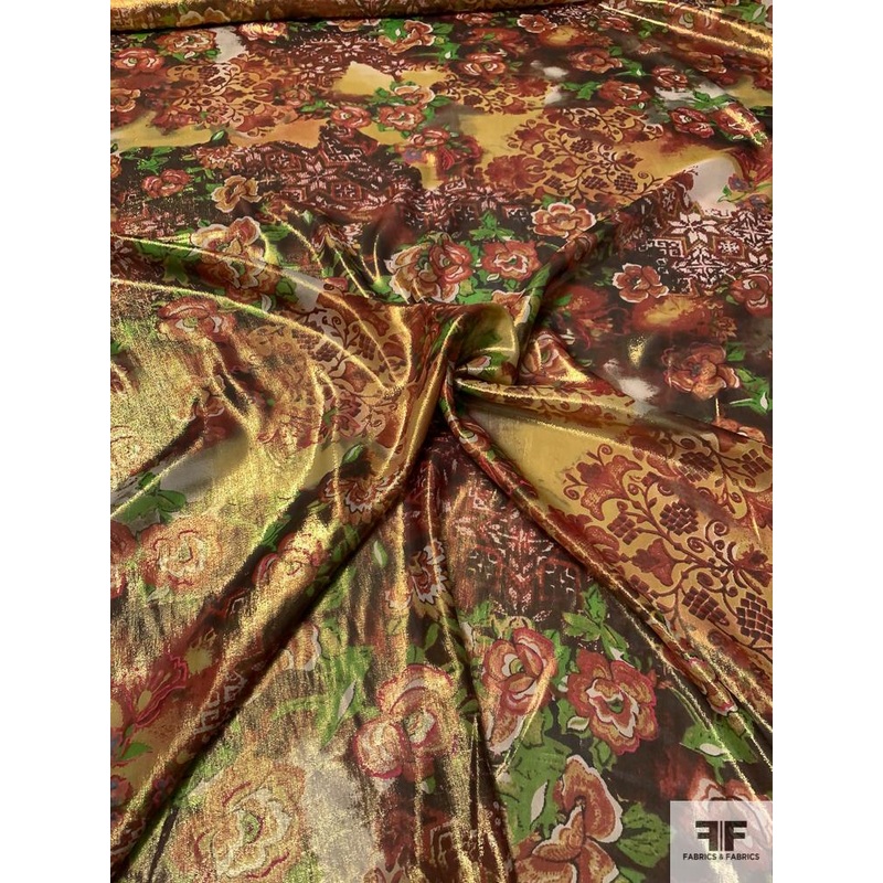 Floral Printed Silk and Lurex Lam – Red / Green / Yellow / Multi Fabric by the Yard