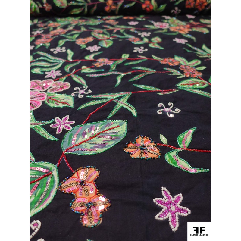 French Floral Printed and Beaded Cotton – Green / Pink / Orange / Black Fabric by the Yard