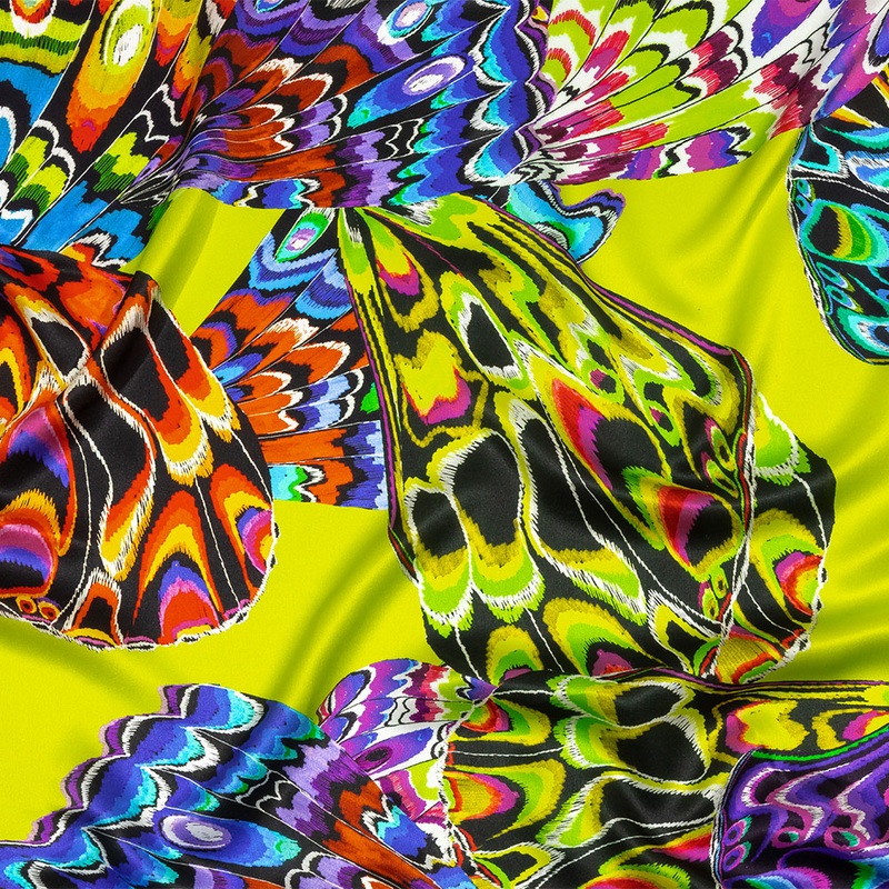 Italian Lime, Blue and Purple Butterfly Wings SIlk Charmeuse