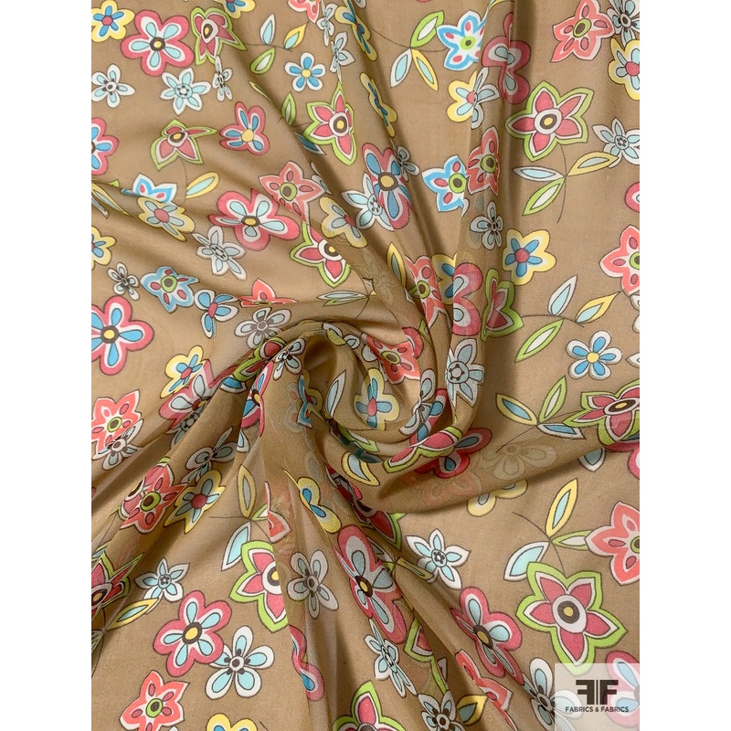 Jovial Floral Printed Silk Chiffon – Khaki / Multicolor Fabric by the Yard