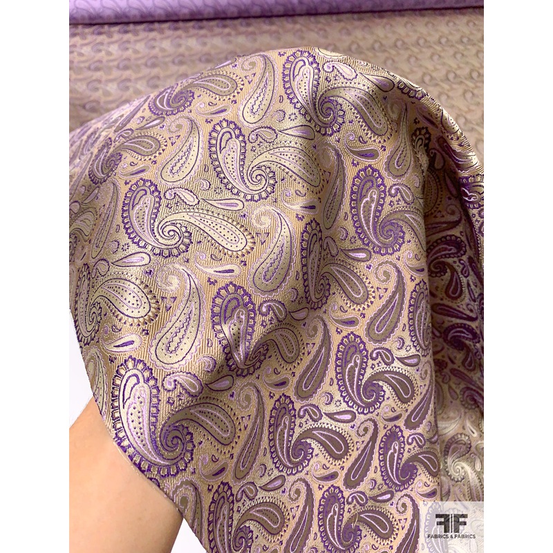 Paisley Silk Necktie Jacquard Brocade – Light Gold / Purple / Lavender Fabric by the Yard