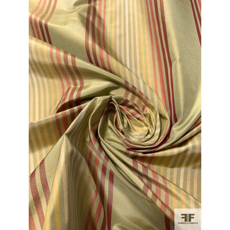 Vertical Striped Yarn-Dyed Silk Taffeta – Antique Pear Green / Reds / Beige Fabric by the Yard