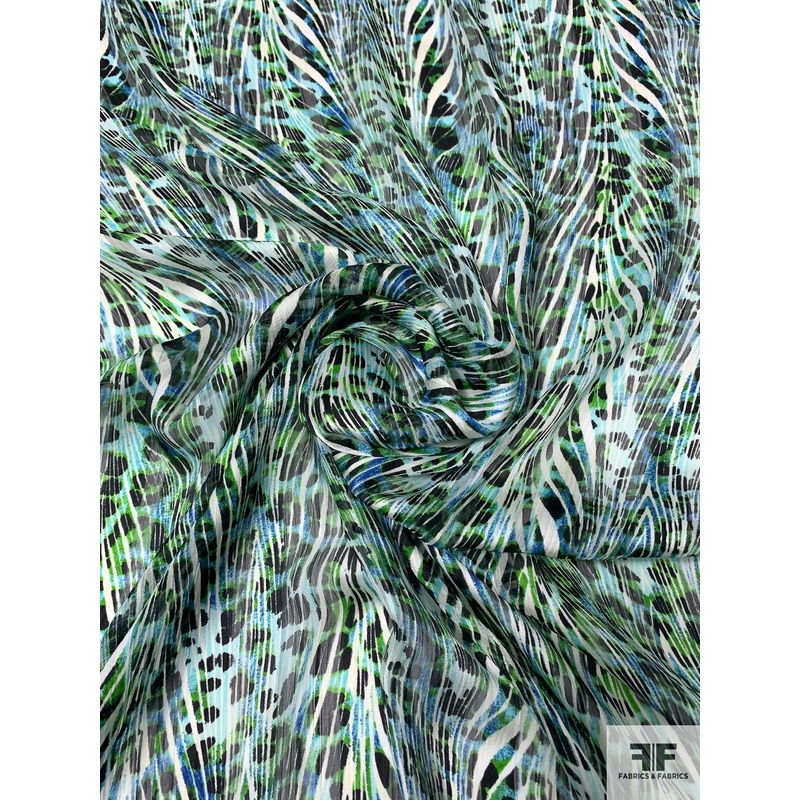 Animal Pattern and Streaky Lined Shadow Stripe Satin Polyester Chiffon – Turquoise / Green / Black / Off-White Fabric by the Yard
