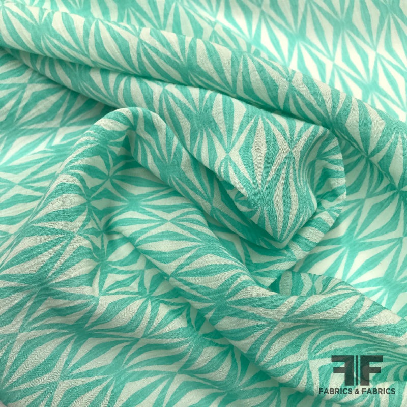 Art Deco Diamond Printed Crinkled Silk Chiffon – Aqua Fabric by the Yard