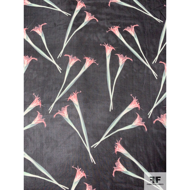 Calla Lily Printed Silk Chiffon – Soft Pink / Sage / Black Fabric by the Yard