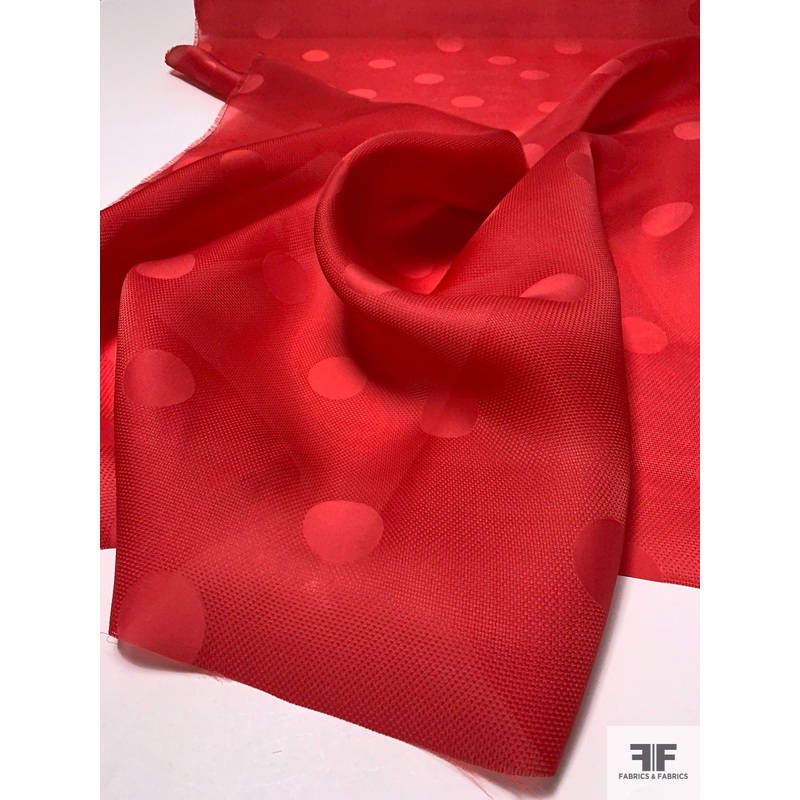 Carolina Herrera Italian Basketweave Silk Gazar with Jacquard Circles – Berry Red Fabric by the Yard