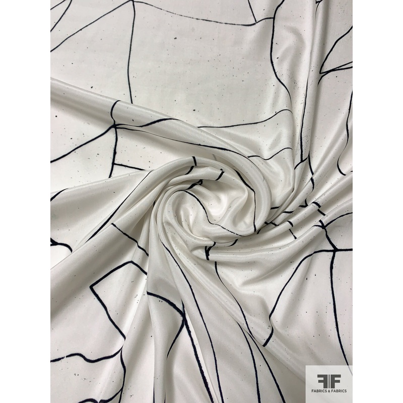 Cracked Lines with Splatter Printed Silk Charmeuse – Off-White / Black Fabric by the Yard