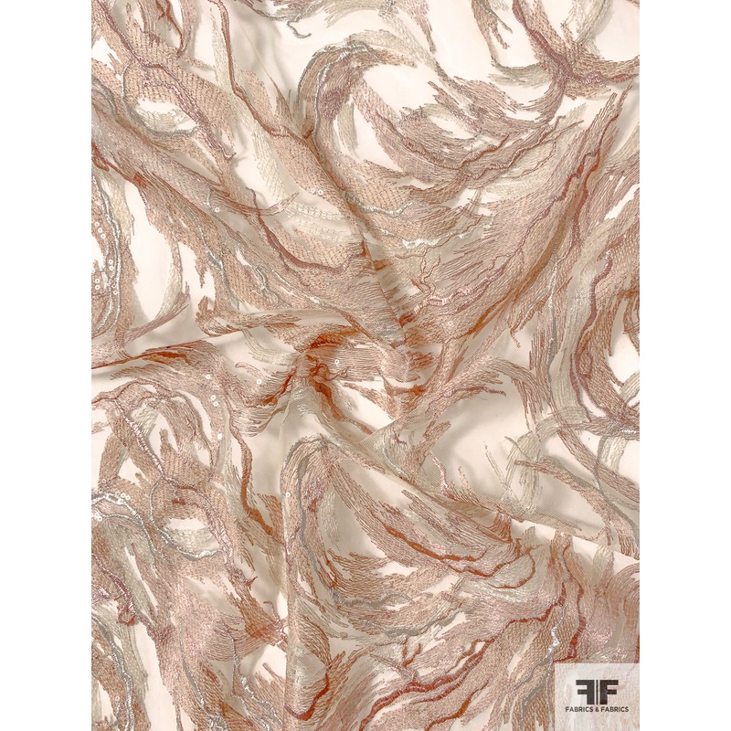 Exotic Embroidered Tulle with Clear Sequins and Metallic Detailing – Blush / Champagne Fabric by the Yard