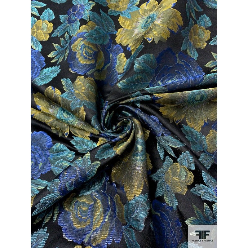 Floral Brocade – Blue / Yellow / Turquoise / Black Fabric by the Yard