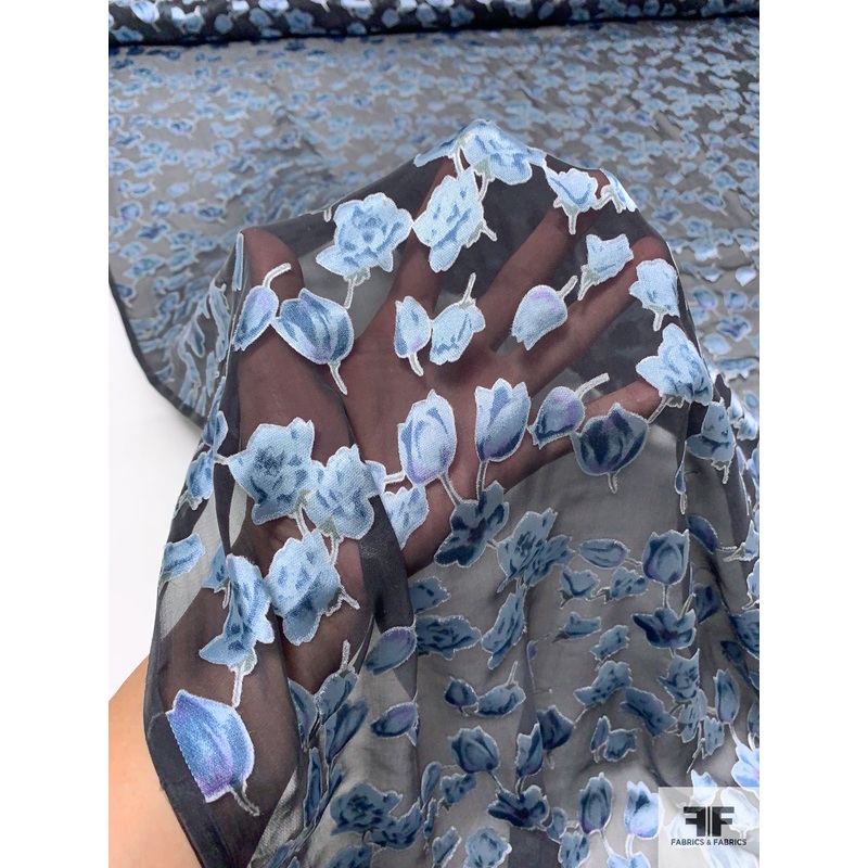 Floral Burnout Silk Chiffon – Icy Blue / Black Fabric by the Yard