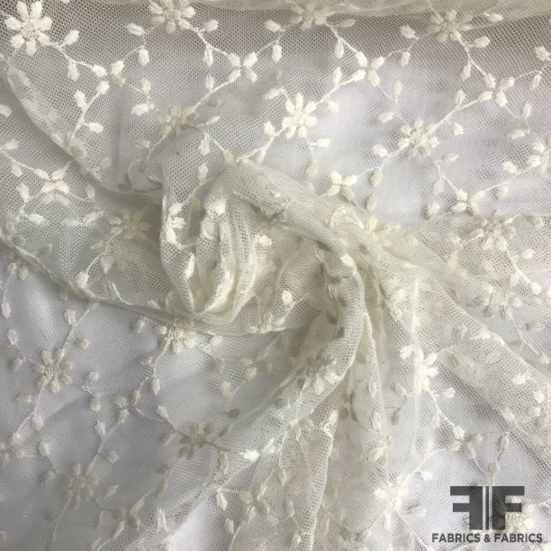 Floral Embroidered Tulle – Ivory Fabric by the Yard