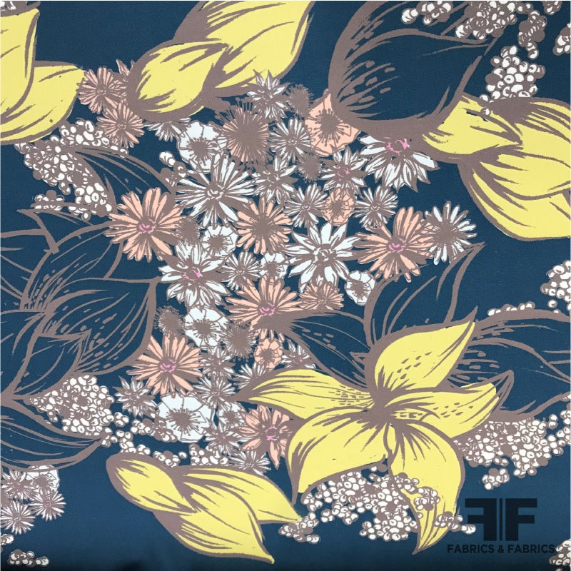 Floral Printed Georgette – Navy/Yellow/Pink/Taupe Fabric by the Yard