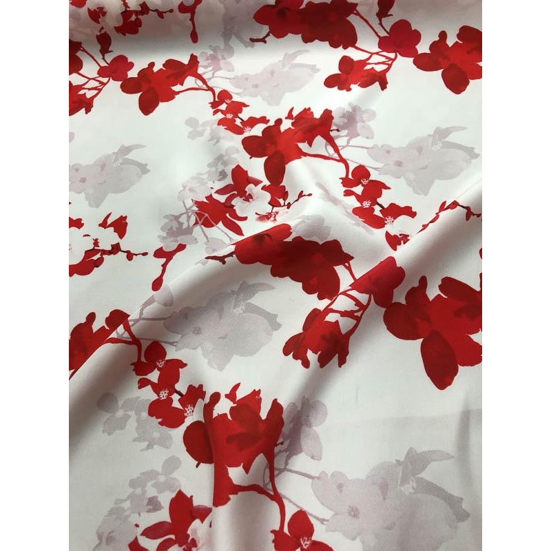 Floral Silk Charmeuse – Red, Ivory, And Mauve Fabric by the Yard