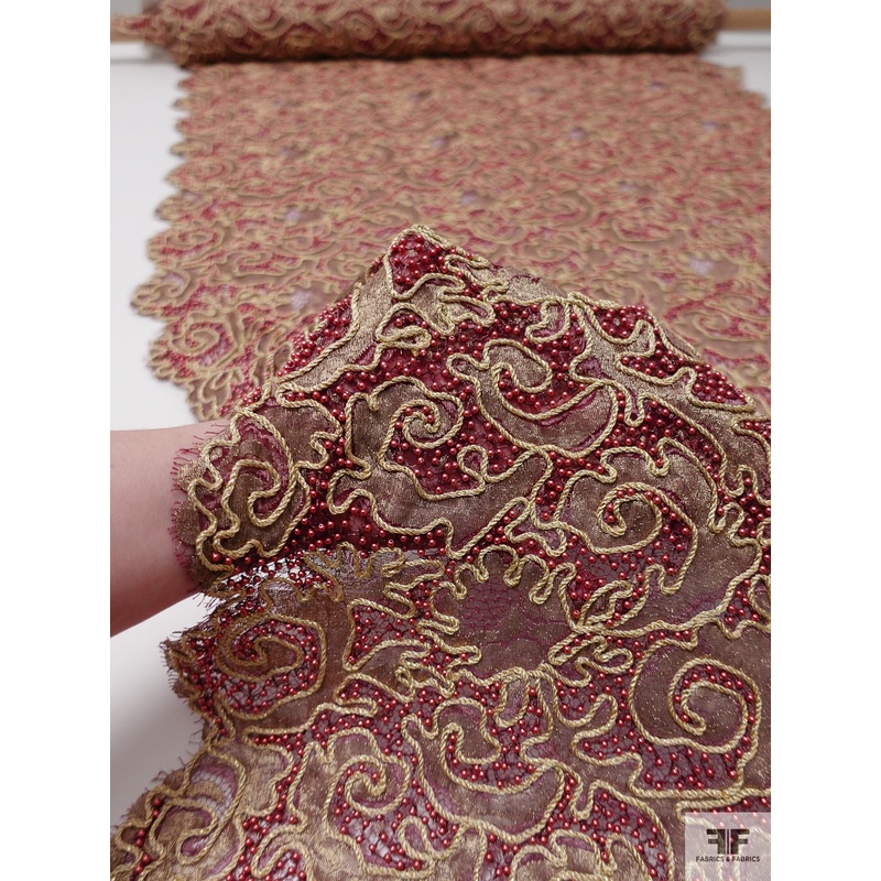 French Metallic Lace with Pearls and Cording – Pink Raspberry / Light Gold Fabric by the Yard